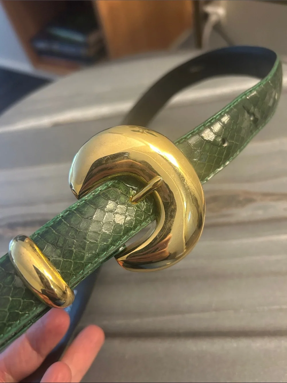 Magid Snakeskin Green Embossed Leather Belt with Gold Crescent Buckle Size S